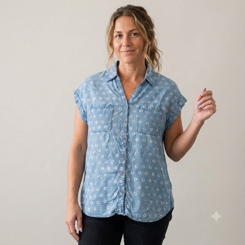 Style & Co Lyocell Shibori Tie Dye Chambray Cap Sleeve Boho Utility Top M